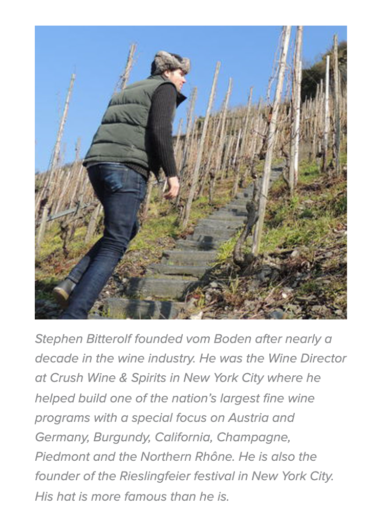 This Thursday is with our Fave. Importer Specializing in Small Production German Wines Vom Boden 5:30- 8 PM THURSDAY